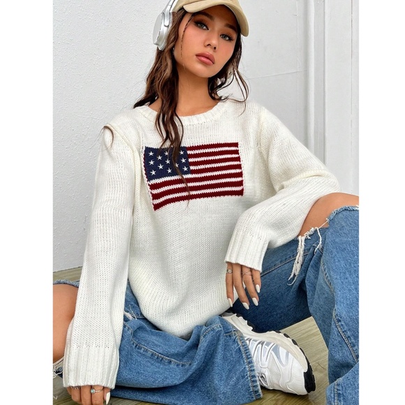 American Flag Knit Off White Pullover Sweater Crew Neck Long Sleeve - Picture 2 of 16